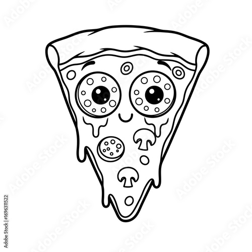 Happy Pizza Slice Coloring Page Bold Line Art Playful Edibles for Children