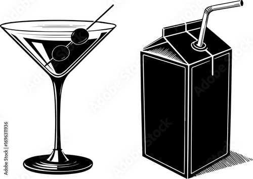 Martini Glass with Olives next to a Juice Box