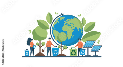 People planting trees and recycling waste to protect the earth and promote sustainability for a brighter future, showcasing environmental responsibility.