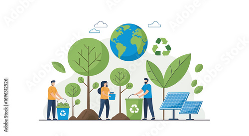 People planting trees and recycling waste to promote sustainability and environmental awareness in a bright, optimistic scene.