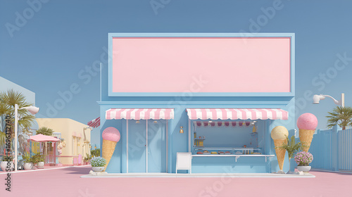 Pastel ice cream shop with striped awnings and giant ice cream cones