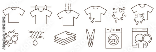 Laundry self-service line icons set in minimal thin outline style. Includes washing machine, detergent and clothing care symbols. Perfect for laundromat, cleaning services, washing and household theme