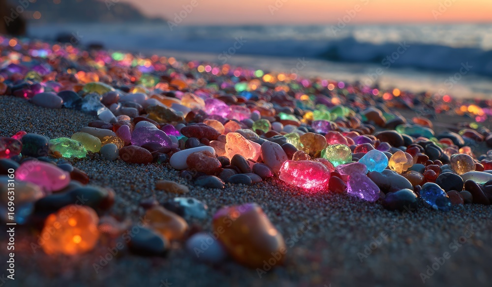 Obraz premium Colorful, glowing stones on a beach at sunset