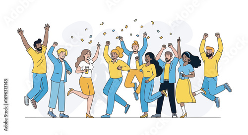 Diverse group of people celebrating success with arms raised and confetti falling in a modern office environment, conveying excitement and achievement.