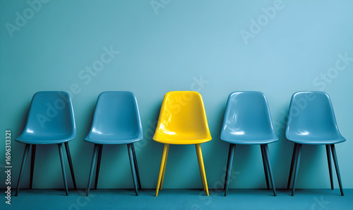Yellow chair stands out among blue chairs in a waiting room, symbolizing individuality and standing out from the crowd with a bright and optimistic feeling.