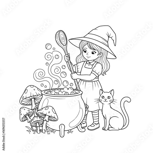 Little Witch with Potion and Bubbly Cauldron Black and White Line Art Coloring Fun