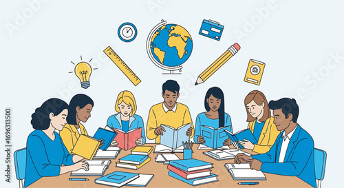Diverse group of students studying together at a table with books and educational items in a classroom, creating a collaborative learning environment.