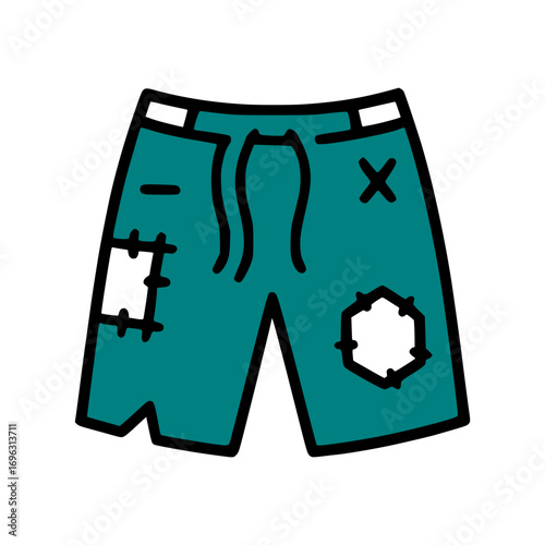 Cartoonish tattered shorts with patches for comical effect, great for humor, poverty, and simplicity