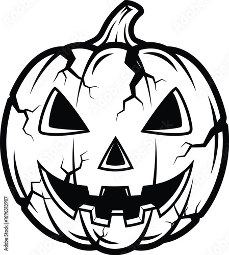 Black outline vector of a Halloween pumpkin with a scary carved face in monochrome design