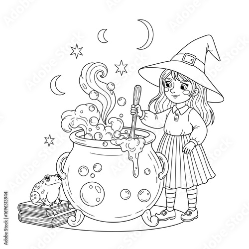 Little Witch Potion and a Bubbly Cauldron Black and White Line Art Coloring