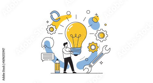 Man holding a lightbulb surrounded by abstract shapes representing creative thinking and problem solving in a modern, clean style, suggesting innovation and ideas.