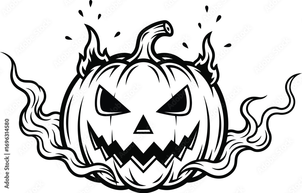 Fototapeta premium A sinister Halloween jack-o-lantern with fire and smoke effect, perfect for festive design elements.