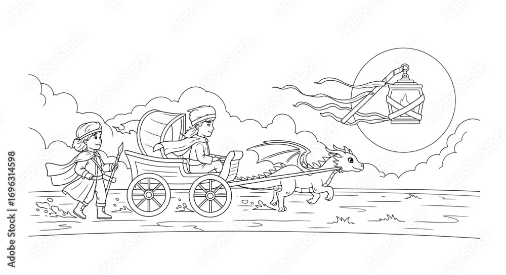 Fototapeta premium Fantasy Carriage Journey: A whimsical illustration of a royal carriage pulled by a friendly dragon, guided by a young person along a path beneath a full moon and flowing clouds.