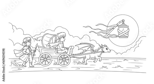 Fantasy Carriage Journey: A whimsical illustration of a royal carriage pulled by a friendly dragon, guided by a young person along a path beneath a full moon and flowing clouds.