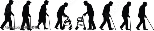 Silhouettes of elderly people using walking aids and canes, demonstrating different stages of mobility and assisted walking support.