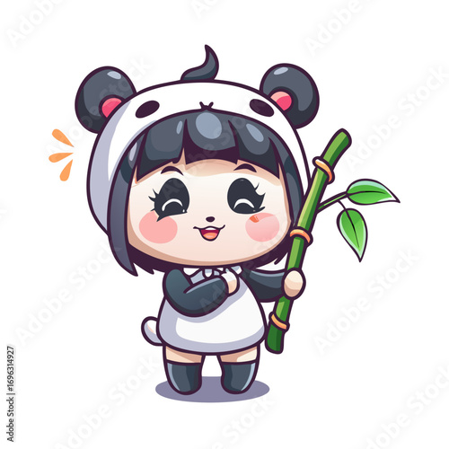 Vector art of cute little girl in panda costume holding bamboo