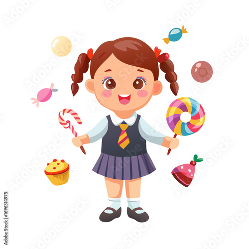 Vector art of cute schoolgirl with sweets