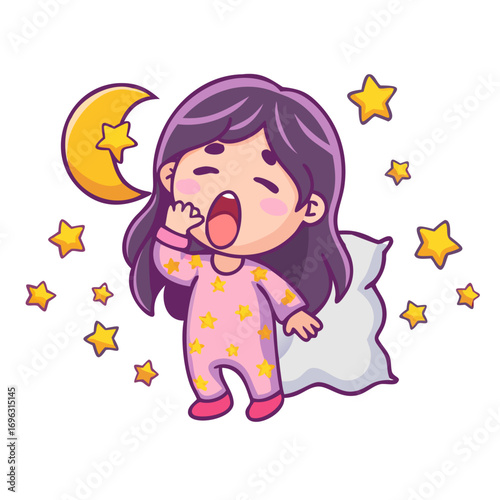 Vector art of cute girl yawning with pillow