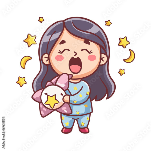 Vector art of cute girl yawning with star toy