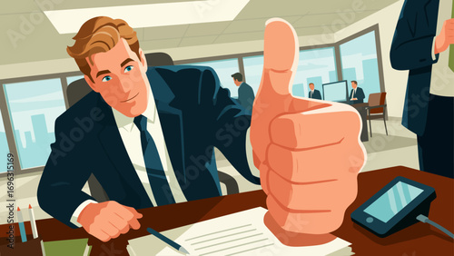 Business office personnel gave a thumbs-up in approval.Encourage and communicate with each other. Hand-drawn vector illustration