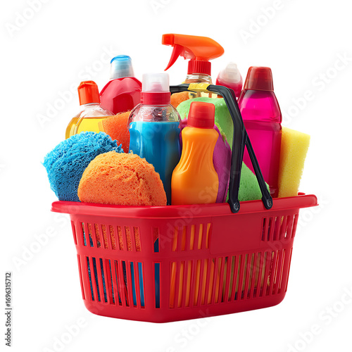 Red basket filled with colorful cleaning products and supplies.