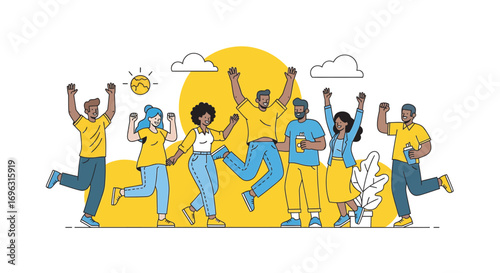 Diverse group of people celebrating success with arms raised in a bright, cheerful workspace, conveying teamwork and positive energy.