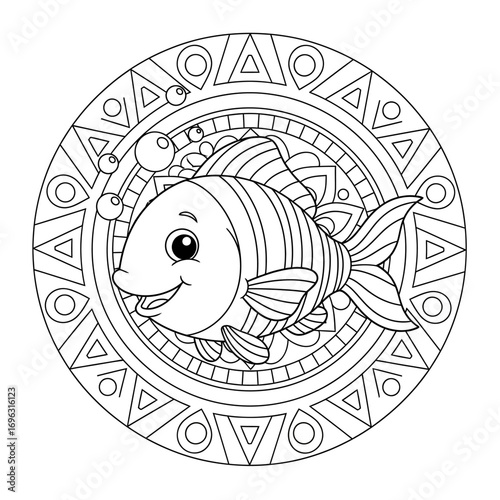 Rainbow Waves a Friendly Fish Inside a Kaleidoscopic Ocean Mandala for Kids Fun