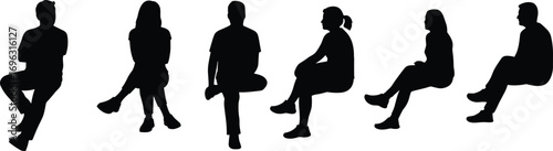 Silhouettes of Seated People in Various Relaxed Poses – Vector Illustration for Waiting, Resting, or Social Concepts in Design Projects