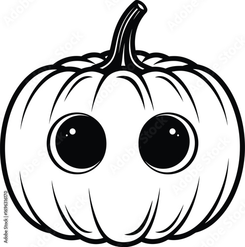 Black outline vector art of a cute pumpkin with big expressive eyes for Halloween design