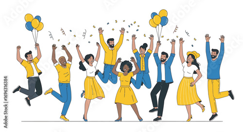 Diverse group of people jumping and celebrating with balloons at outdoor event, expressing joy and unity in a festive atmosphere.