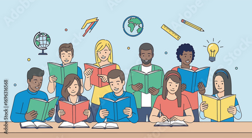 Diverse group of students reading books and studying together in a classroom, fostering a collaborative and engaging learning environment.