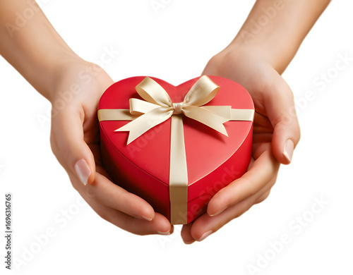 Hands Holding Red Heart Gift Box with Ribbon PNG