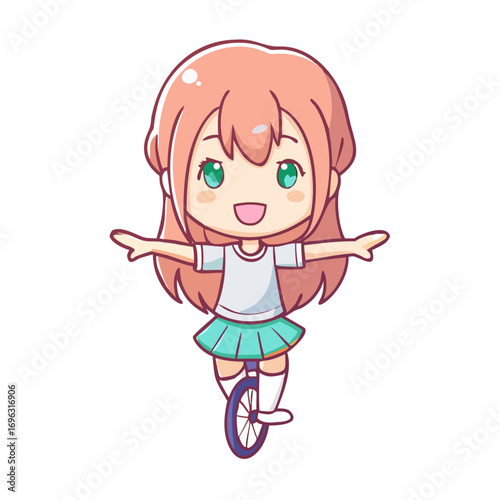 Vector art of cute anime girl riding unicycle