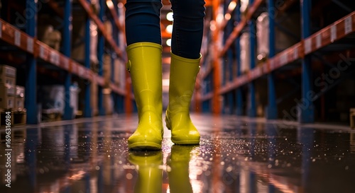 Warehouse Worker in Bright Yellow Rain Boots Walks Through a Flooded Hallway