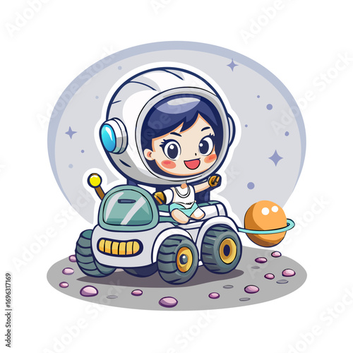 Vector art of astronaut girl driving a rover on the moon