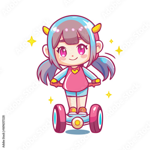 Vector art of adorable anime girl on a hoverboard