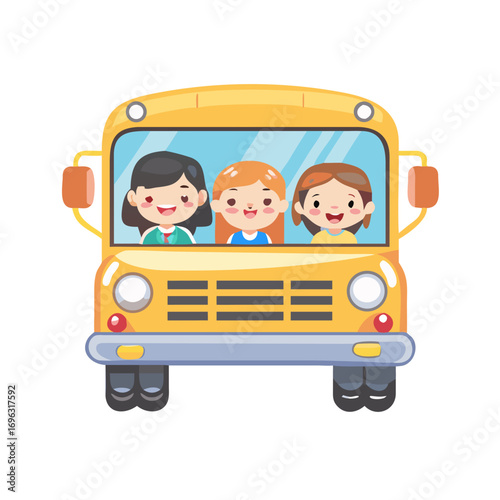 Vector art of happy students riding in a yellow school bus