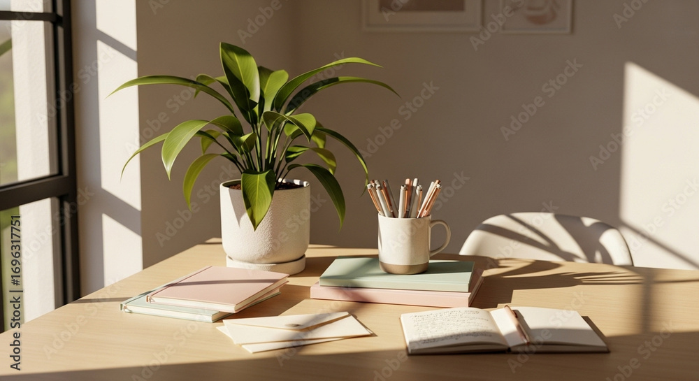 Fototapeta premium Sunlit Desk Still Life: Plant, Notebooks, and Pens in Warm Light