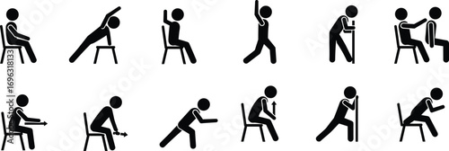 Stick Figure Physical Therapy Icons – Seated Exercises, Stretching, Rehabilitation, Assisted Movement, Chair Exercises, Fitness, Senior Mobility, Physical Rehab, Recovery Activities