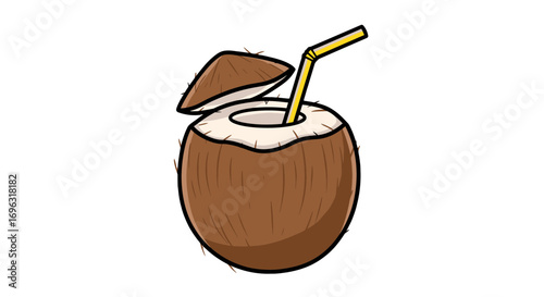 Fresh tropical coconut drink with straw summer vacation juice refreshment healthy beverage illustration on transparent background