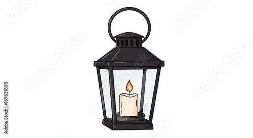 Illustration of a vintage lantern with a candle flame providing light and illumination in the dark on transparent background