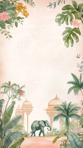 Pichhwai style Mughal painting wallpaper with copy space, pastel watercolor banner design for Indian wedding cards and poster 