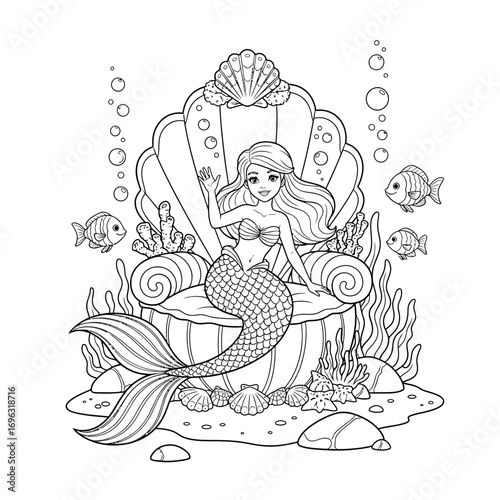 Undersea Mermaid Throne with a Waving Mermaid Black and White Coloring Fun