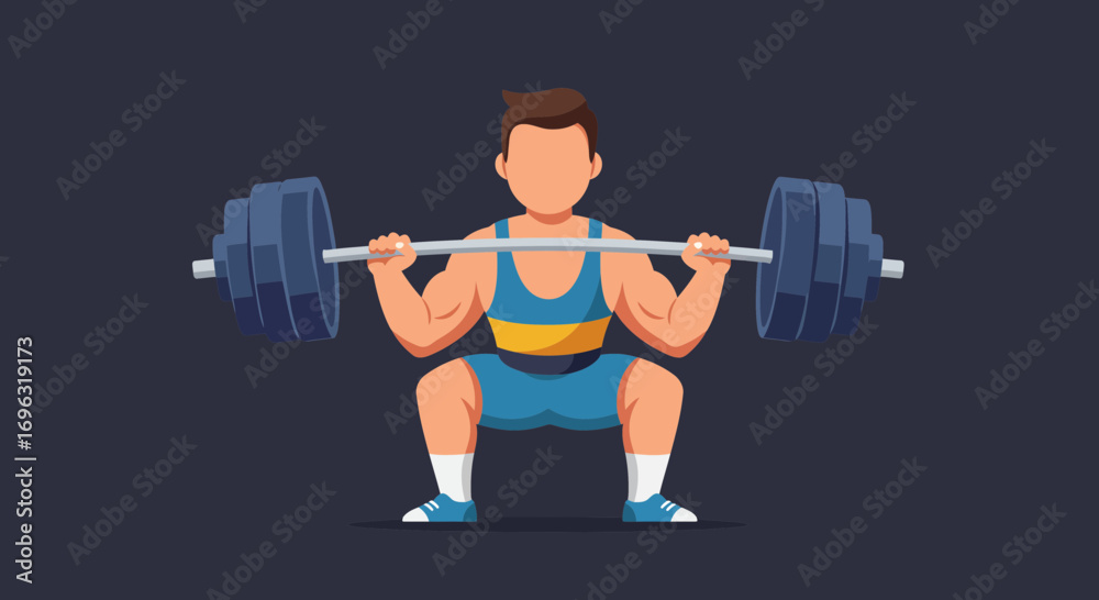 Obraz premium Cartoon illustration of a strong weightlifter doing a barbell squat exercise