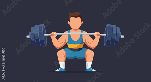 Cartoon illustration of a strong weightlifter doing a barbell squat exercise