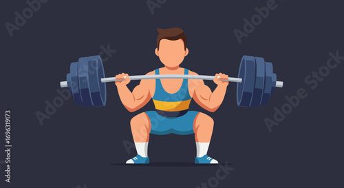 Cartoon illustration of a strong weightlifter doing a barbell squat exercise
