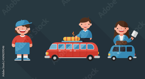 Cartoon people with travel vehicles, creating a sense of adventure and fun