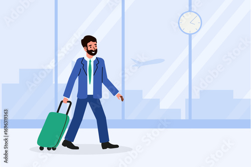 Business traveler walks through airport terminal with suitcase on a sunny day