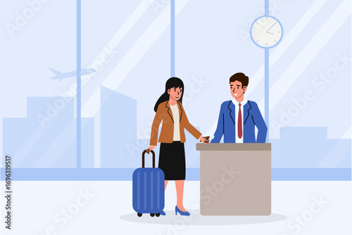 Traveler checking in at airport reception with suitcase and welcoming staff member during daytime