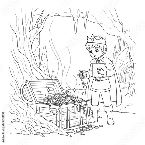 Brave Prince on a Treasure Hunt for a Hidden Chest Black and White Line Art for Kids